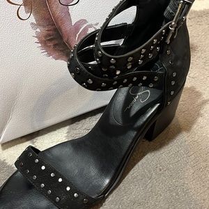Black studded sandals, block heel, gently worn